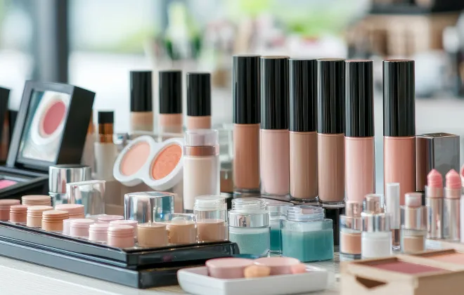 リップやファンデーションなどの化粧品を並べた写真。化粧品の発送代行に対応するキミロジの紹介写真。