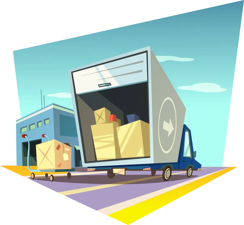 EC発送代行をサポートする物流プロフェッショナルをイメージしたイラスト。倉庫から荷物を積んだトラックが出発している場面。キミロジの発送代行サービスを表現した画像。