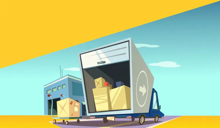 EC発送代行をサポートする物流プロフェッショナルをイメージしたイラスト。倉庫から荷物を積んだトラックが出発している場面。キミロジの発送代行サービスを表現した画像。