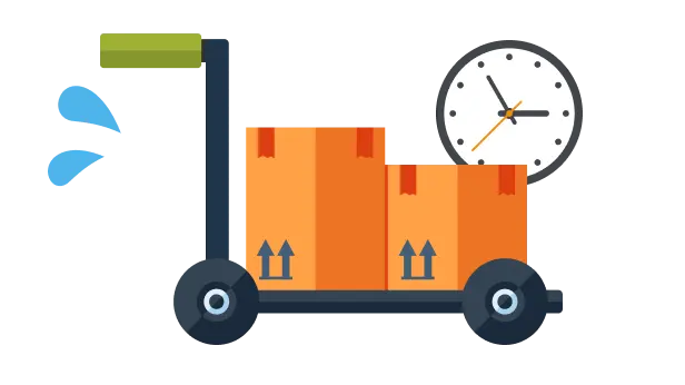 出荷作業に時間が取られすぎて困っている状況を示す荷物と時計のイラスト