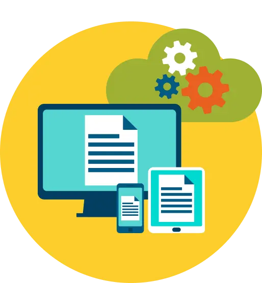 自社開発WMSを使って出荷指示や在庫確認がオンラインでできることを表すパソコンとスマートデバイスのイラスト