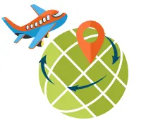 海外配送と通関業務に対応する飛行機と荷物のイラスト