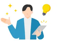 販路拡大やポップアップイベント支援を表す人物とアイデアのイラスト